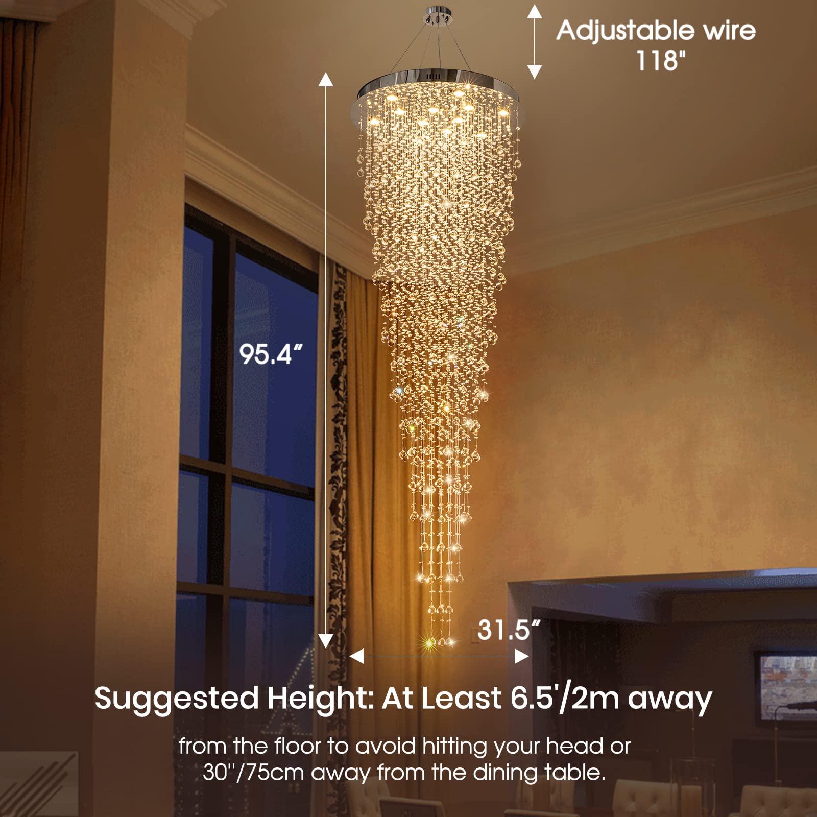Modern Large Crystal Chandelier for High Ceilings, Raindrop Round Large Foyer