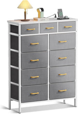 Dresser with Charging Station, 52 Inches Tall Dresser for Bedroom with 11 Storage Drawers, Large Fabric Dressers for Hallway, Light Grey