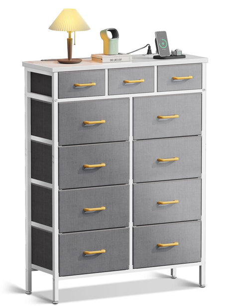 Dresser with Charging Station, 52 Inches Tall Dresser for Bedroom with 11 Storage Drawers, Large Fabric Dressers for Hallway, Light Grey