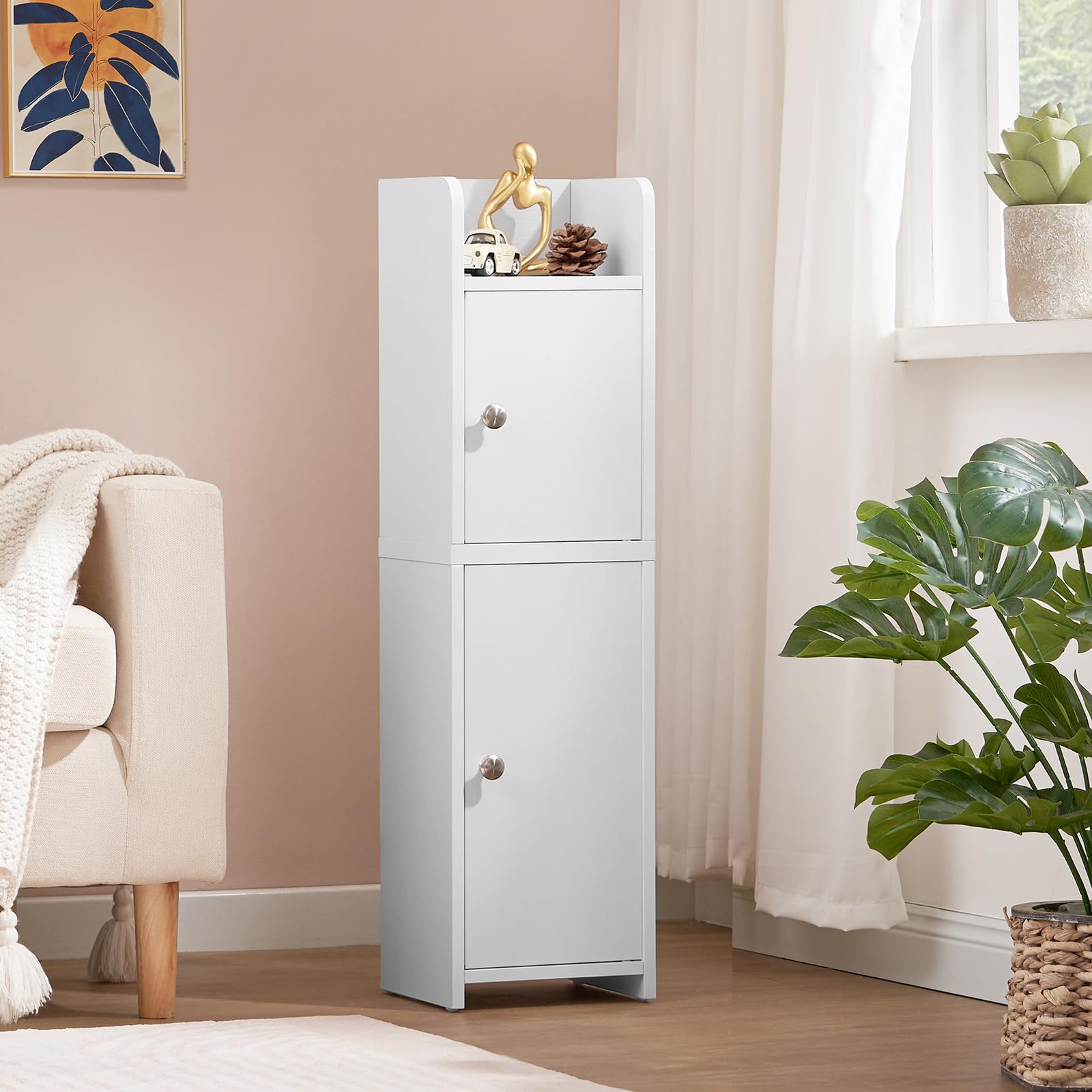 Small Bathroom Storage Cabinet, Narrow Cabinet with Doors and Adjustable Shelves,