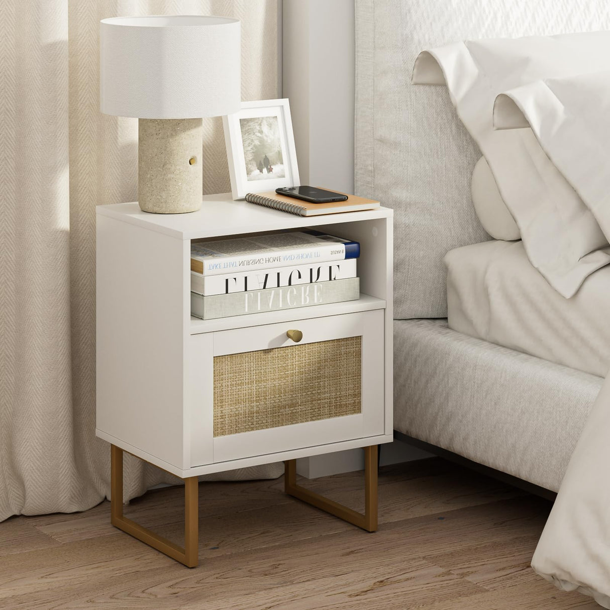 Rattan Nightstand,Modern Boho Farmhouse Wood Bedside Table with Storage Drawer and Open Shelf,Small Gold Frame Side End Table for Bedroom,Living Room,Office(White)