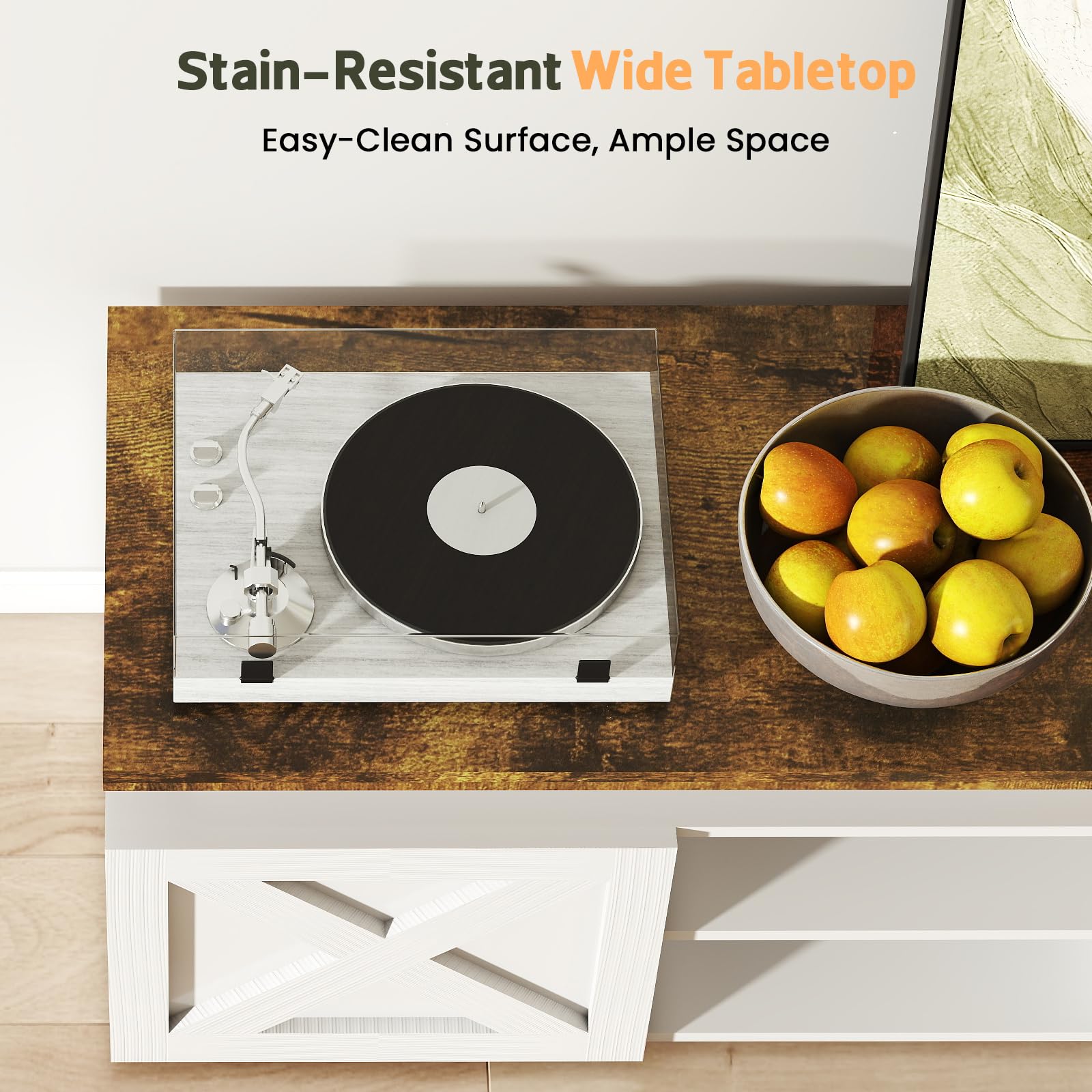 Farmhouse TV Stand for 80 Inch TV with RGB Lighting and Power Outlets