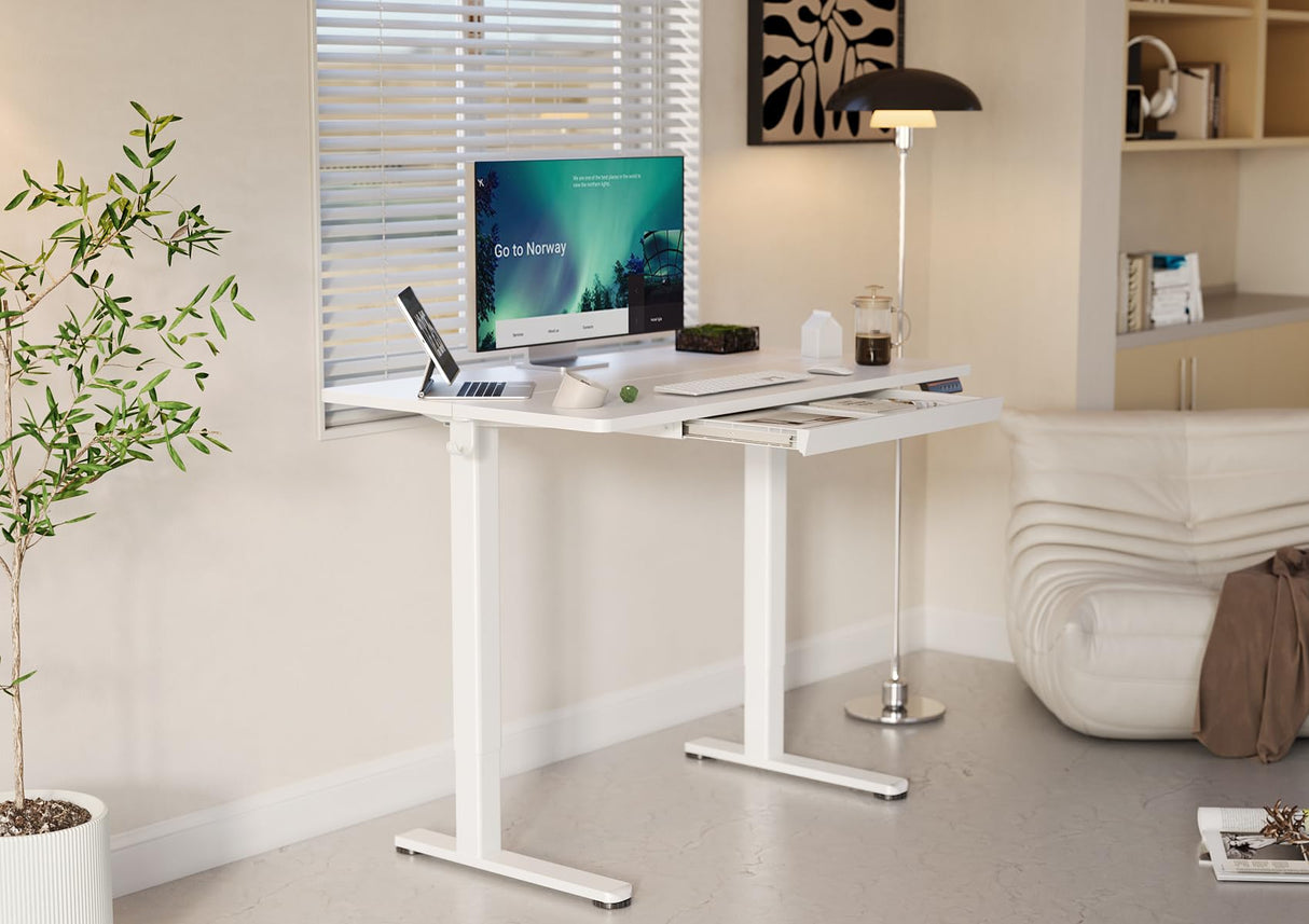 Standing Desk with Drawers, 48 x 24 Inch Adjustable Height Stand Up Desk, Electric Sit Stand Computer Desk for Home Office, White