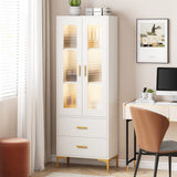 Bookcase with Doors and LED Light, White Bookshelf with 2 Drawers, Freestanding Tall Storage Cabinet for Living Room, Bathroom, Office, Kitchen