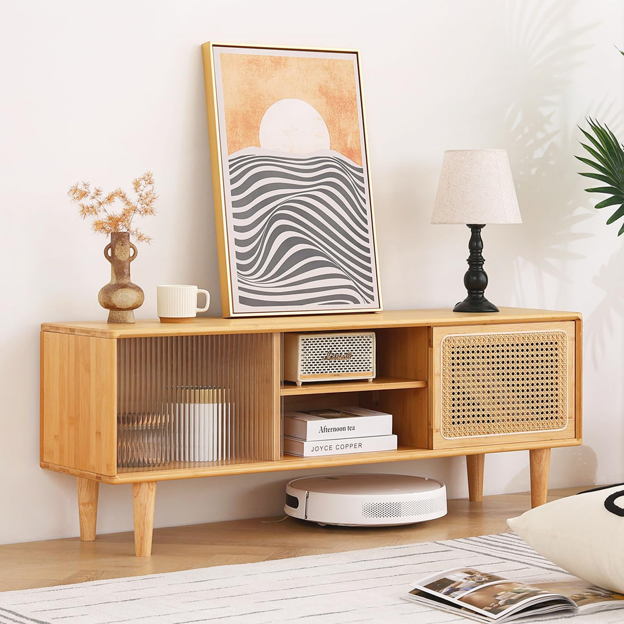 Boho Bamboo TV Stand | Entertainment Center with Adjustable Storage