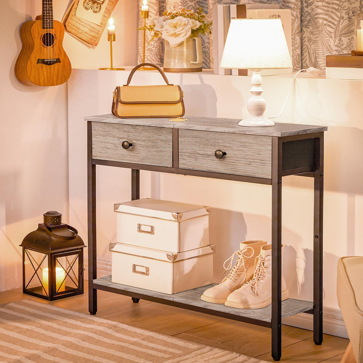 29.5" Narrow Console Table with 2 Fabric Drawers, Small Entryway Table