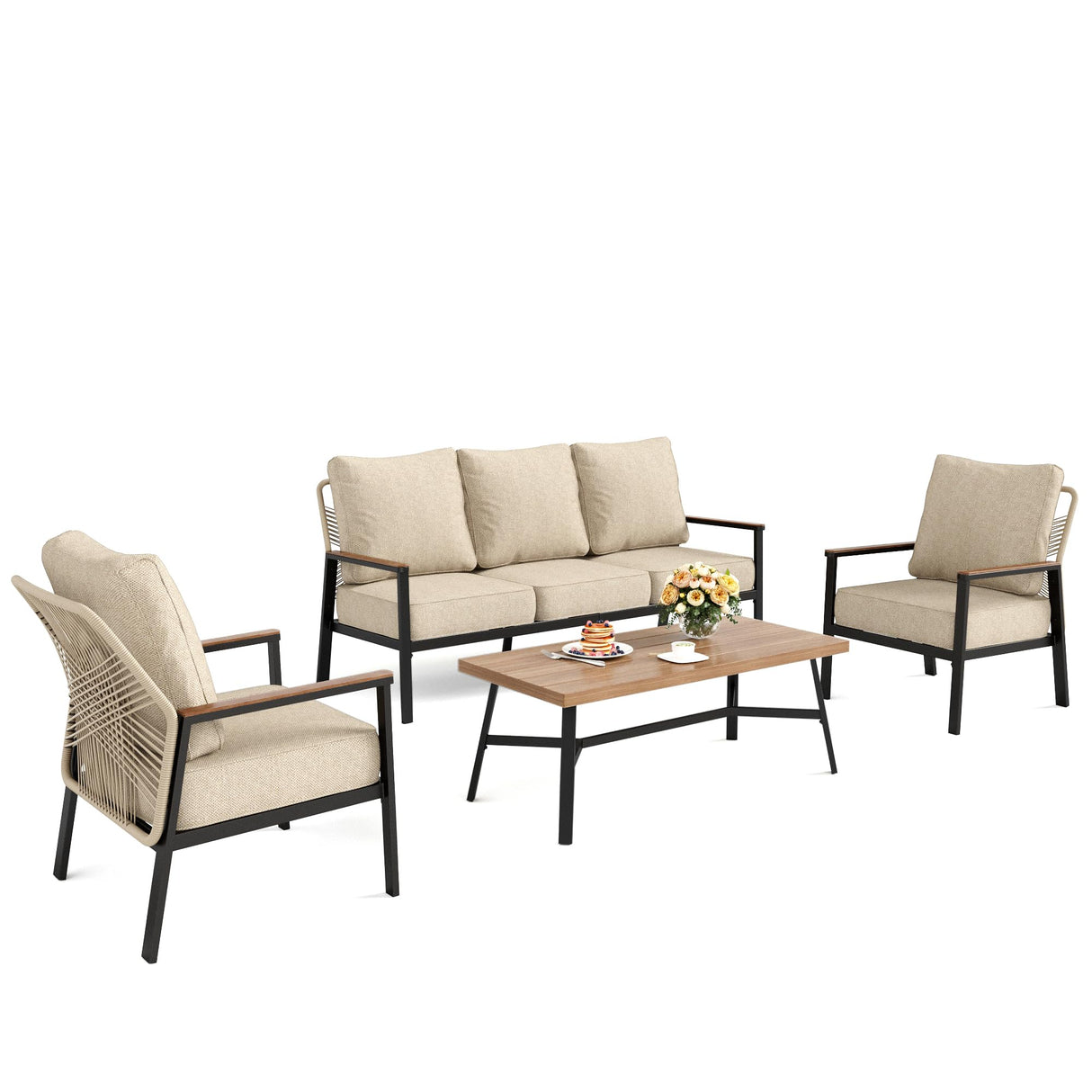 Patio Furniture Set, 2 x High Back Cushioned Leg Chair, 1 x 3-Seat Sofa