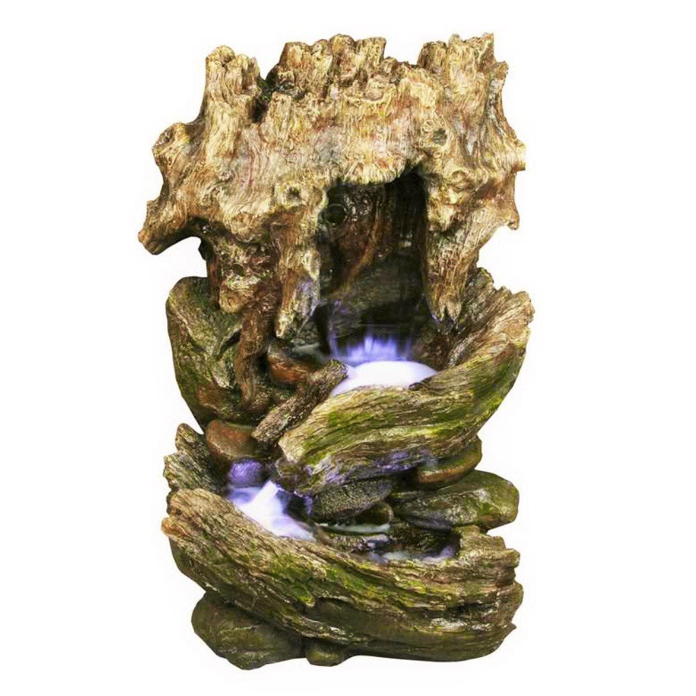 32" Cottage Log Garden Fountain: Tiered Outdoor Water Feature for Gardens & Patios. Weatherproof Resin, Hand-Crafted, w/LED Lights.