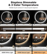 36 Inch Round LED Bathroom Mirror - Dimmable with 3 Color Modes & Anti-Fog