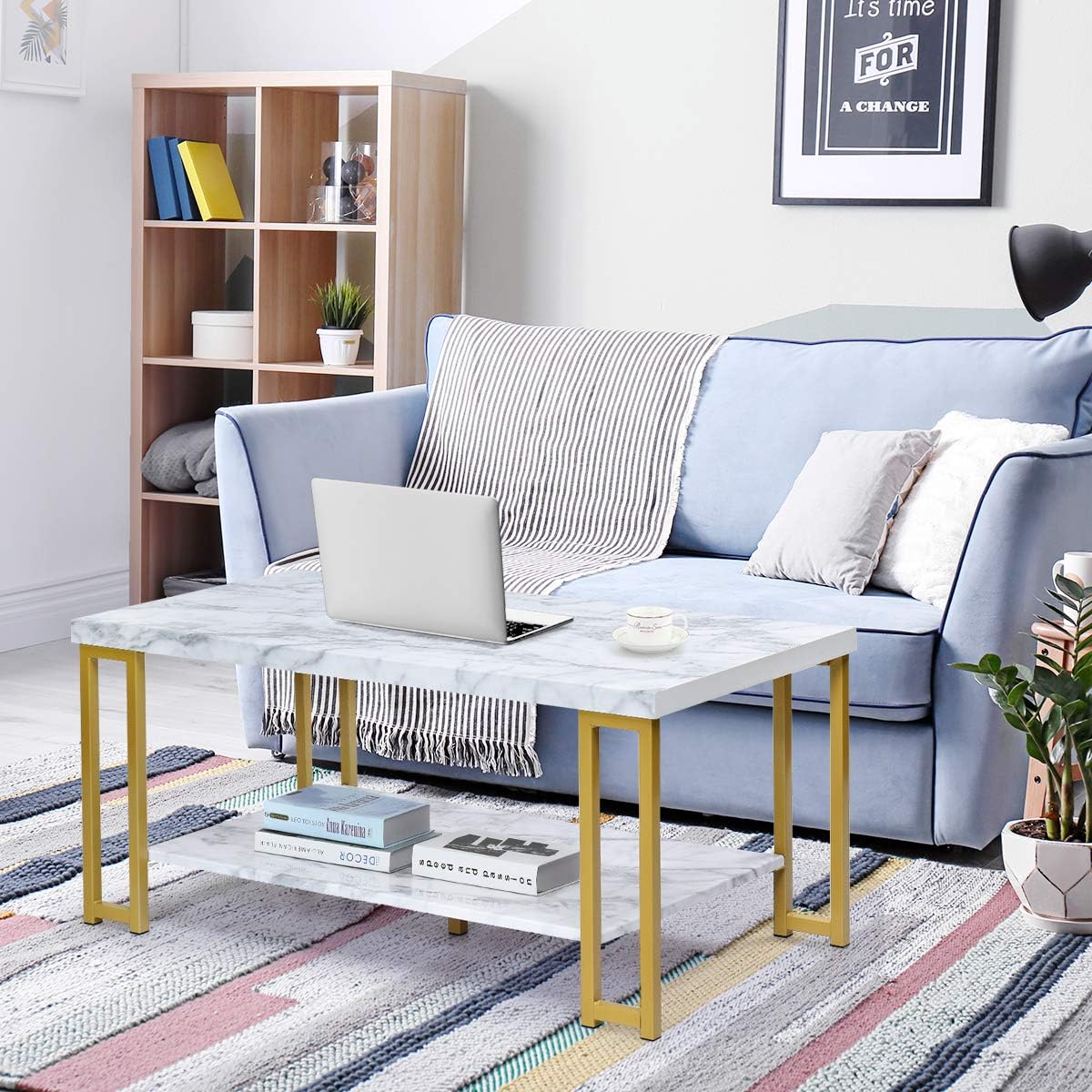 Rectangular Coffee Table, 2-Tier Center Table W/Faux Marble Tabletop