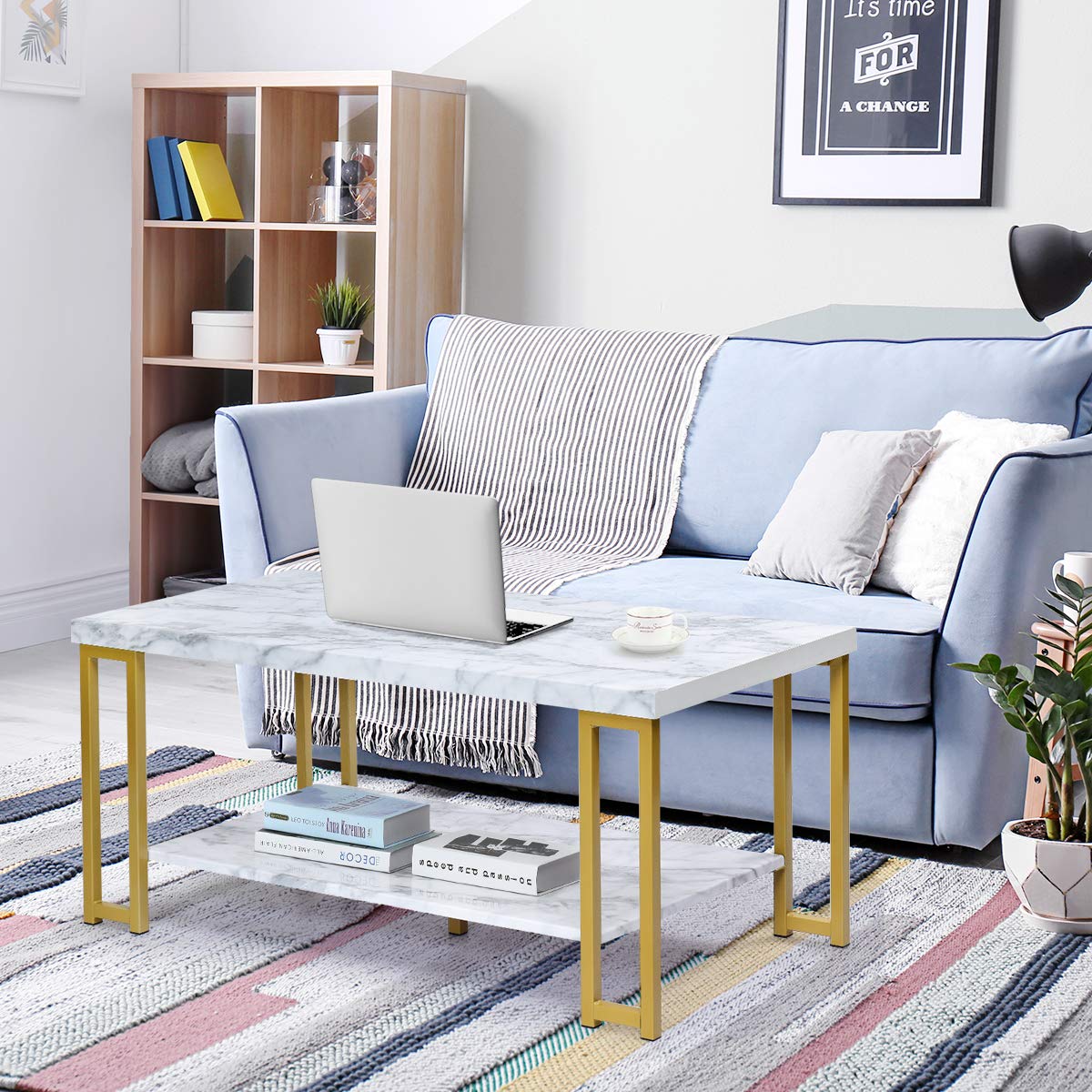 Rectangular Coffee Table, 2-Tier Center Table W/Faux Marble Tabletop