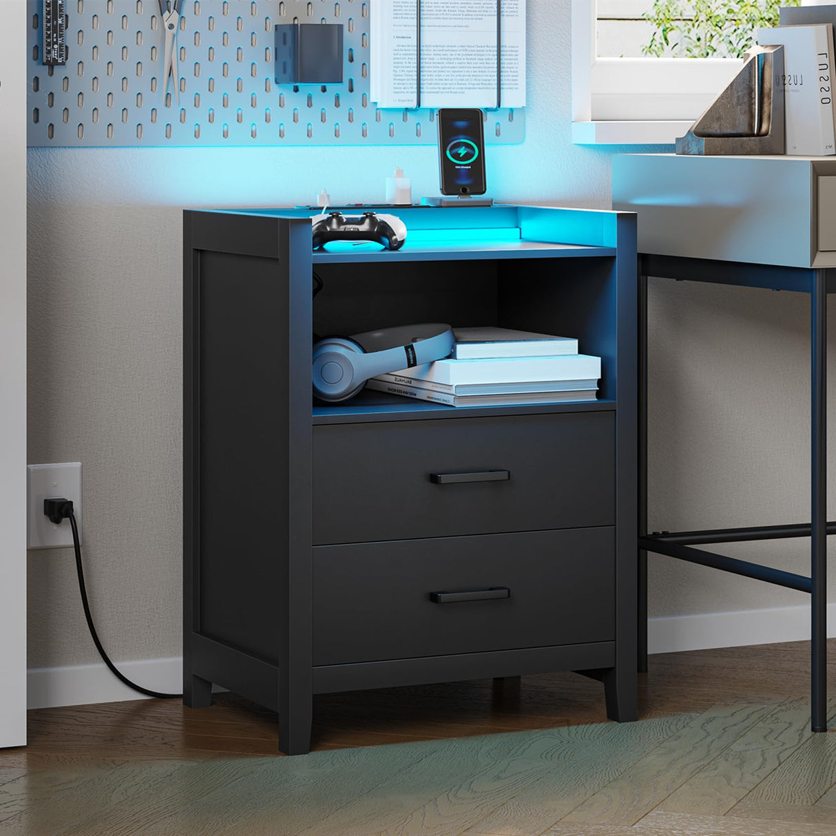 LED Nightstands Set of 2, Black Night Stand with Charging Station and 2 Drawers