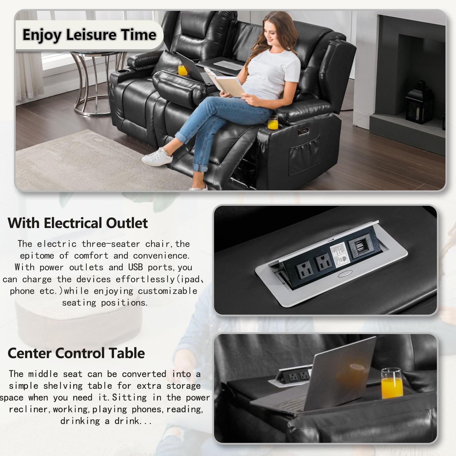 3 Seater Recliner Sofa Power Reclining Sofa with Console Wall Hugger Recliners