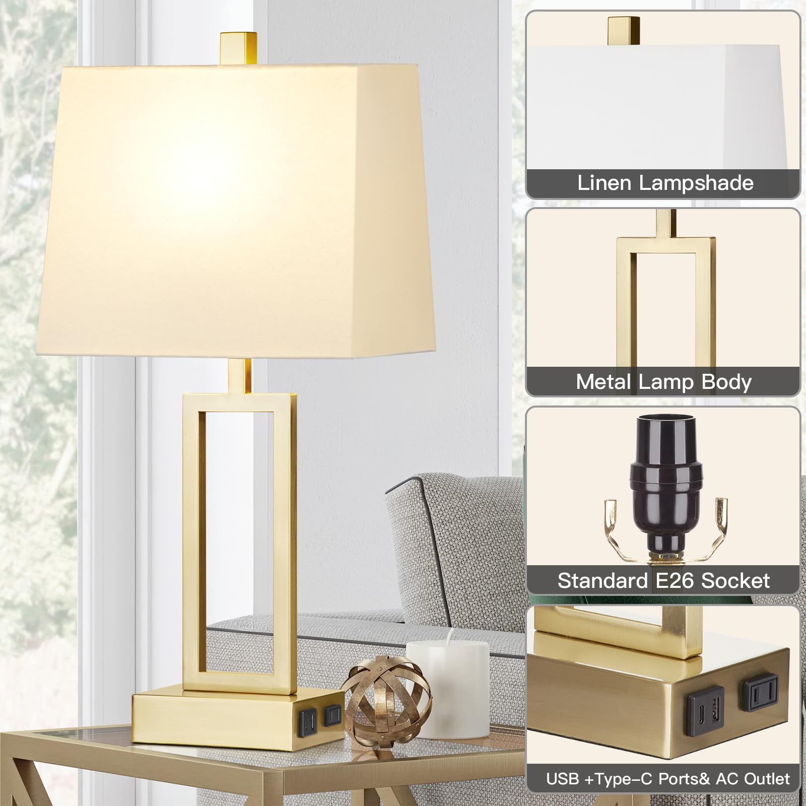 Touch Control Table Lamps Set of 2, Modern Gold Bedside Lamps