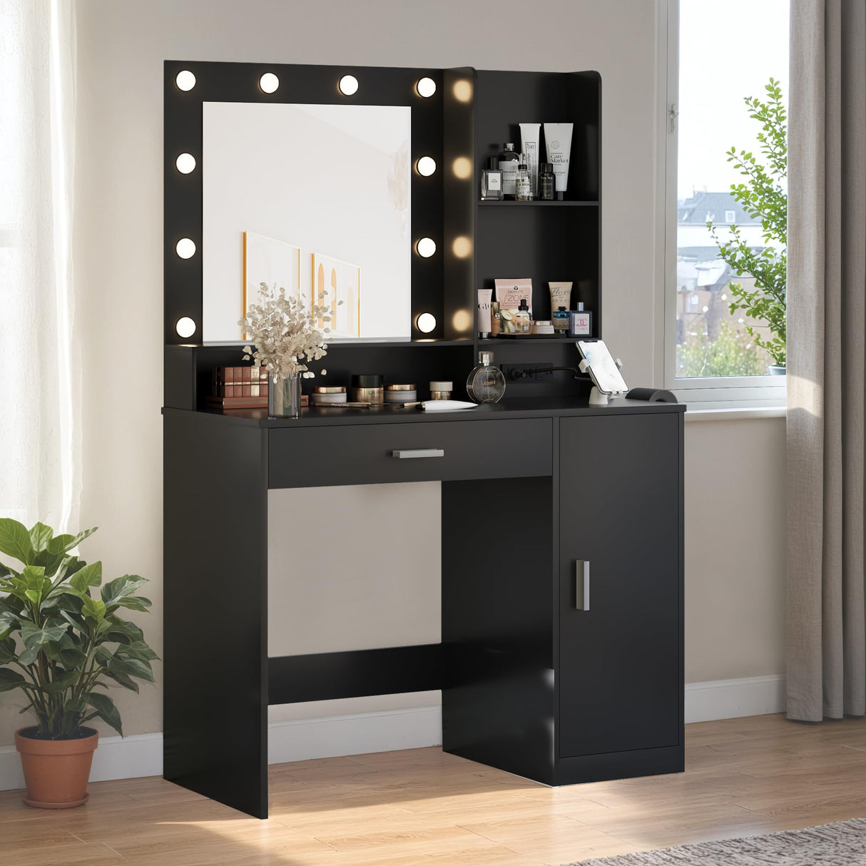 Desk with LED Lighted Mirror, Makeup Table with Hairdryer Holder and Power Outlet,