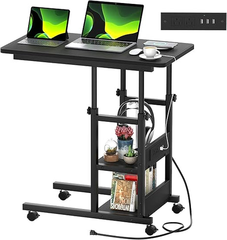 Height Adjustable C Shaped End Table with Charging Station, Mobile Laptop Side