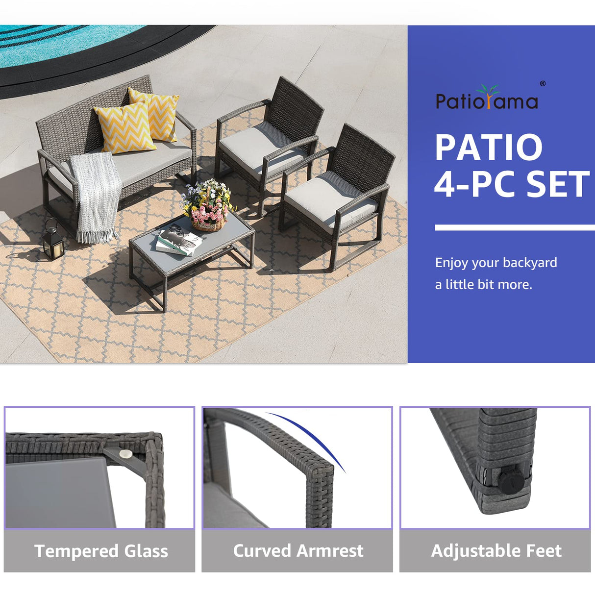 4 Pieces Outdoor Patio Furniture, Wicker Conversation, Modern Bistro Set