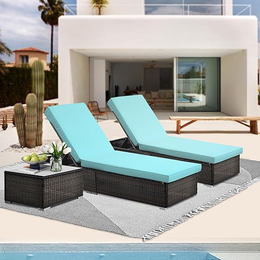 Outdoor Wicker Patio Chaise Lounge Set, 2 Piece Rattan Reclining Chair