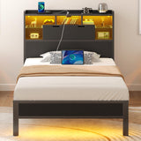 Twin Bed Frame with LED Headboard and Charging Station