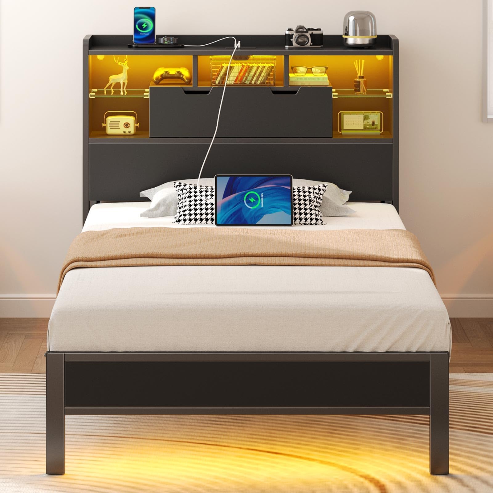 Twin Bed Frame with LED Headboard and Charging Station