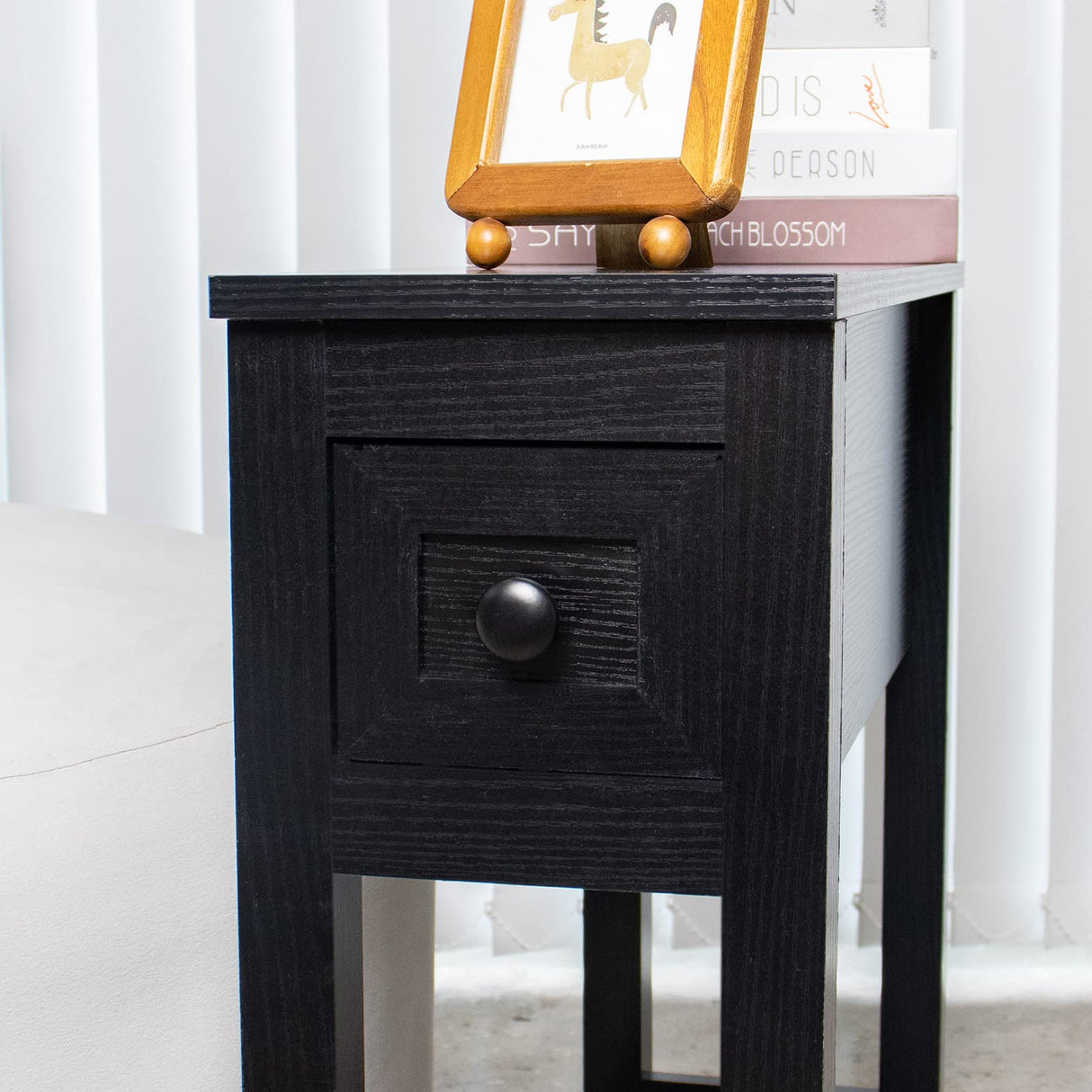 Narrow End Table, Black Side Table with Drawer, Slim Bed Side Table