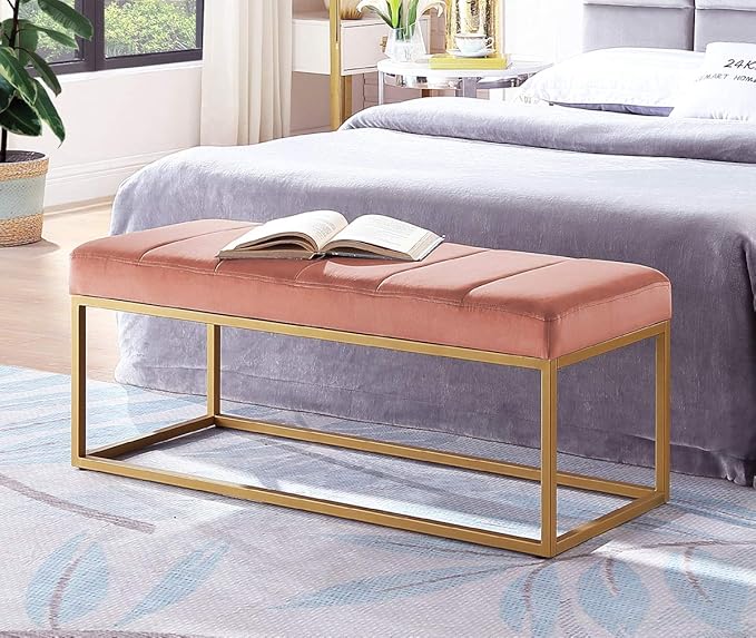 Emerald Velvet Upholstered End of Bed Bench with Metal Frame, Modern Tufted Channel