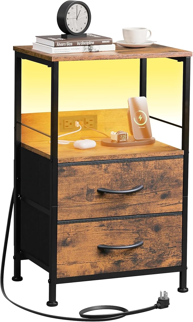 Night Stand with Charger Station, Black Nightstand with 2 Fabric Drawers and Storage