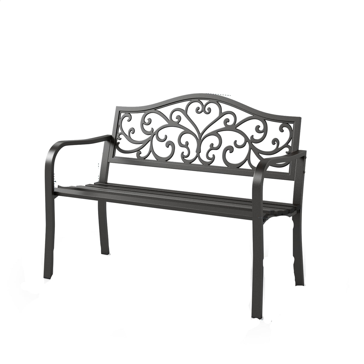 43 Inch Cast Iron Steel Frame Outdoor Garden Bench, Patio Furniture Chair Bench w/Floral