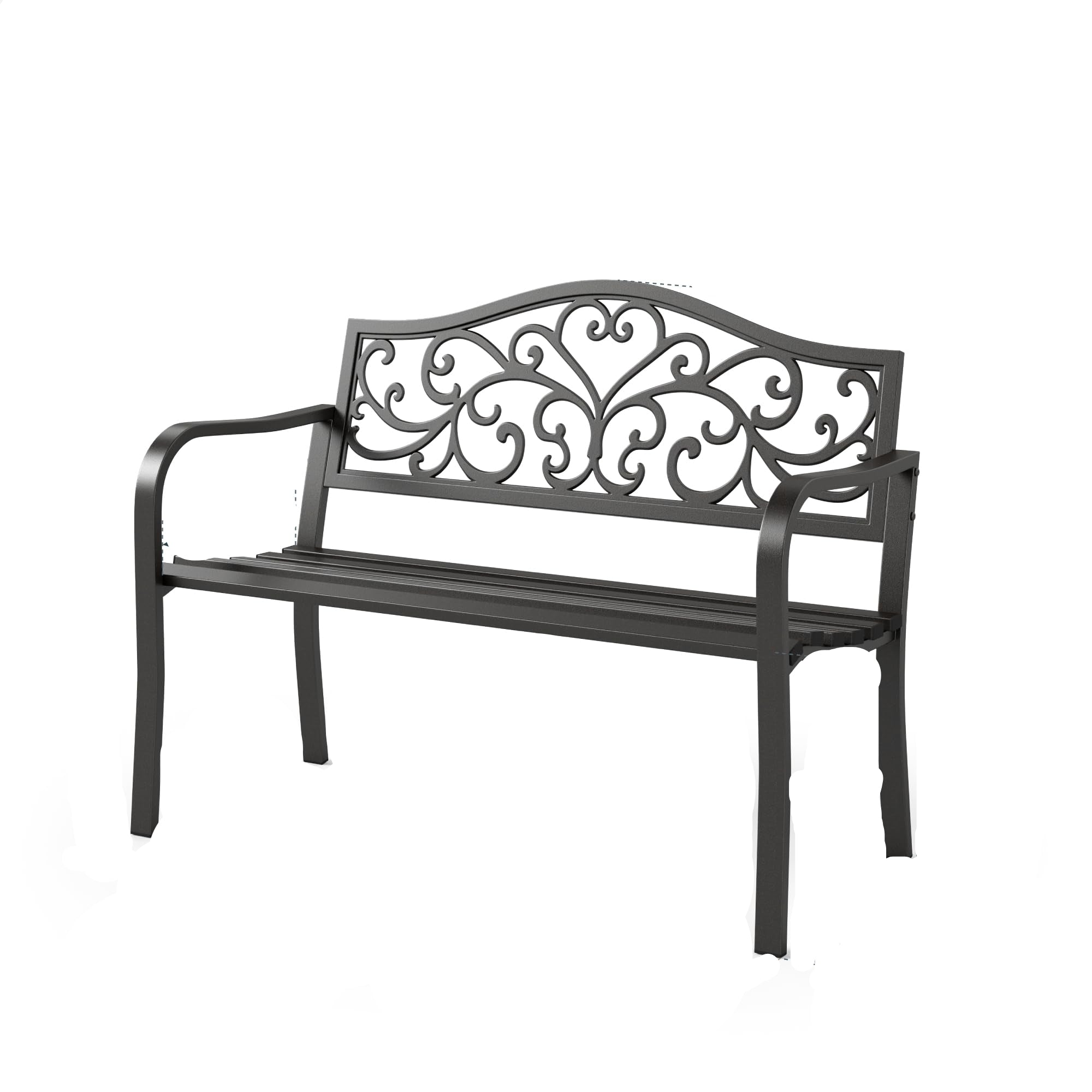 43 Inch Cast Iron Steel Frame Outdoor Garden Bench, Patio Furniture Chair Bench w/Floral