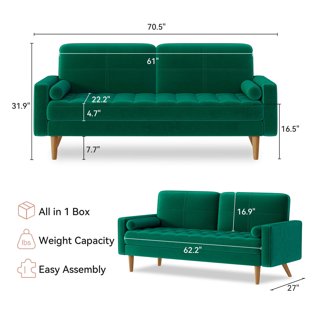 Loveseat Sofa, 70.5" Green Velvet Couch Love Seat Couches with Tufted Seat