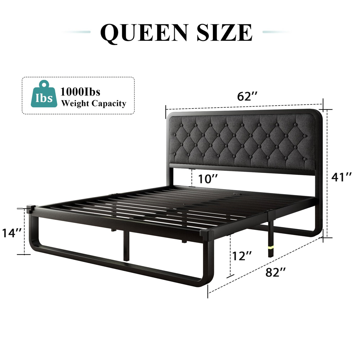 Queen Size Metal Bed Frame with Linen Upholstered Headboard, Curved Platform