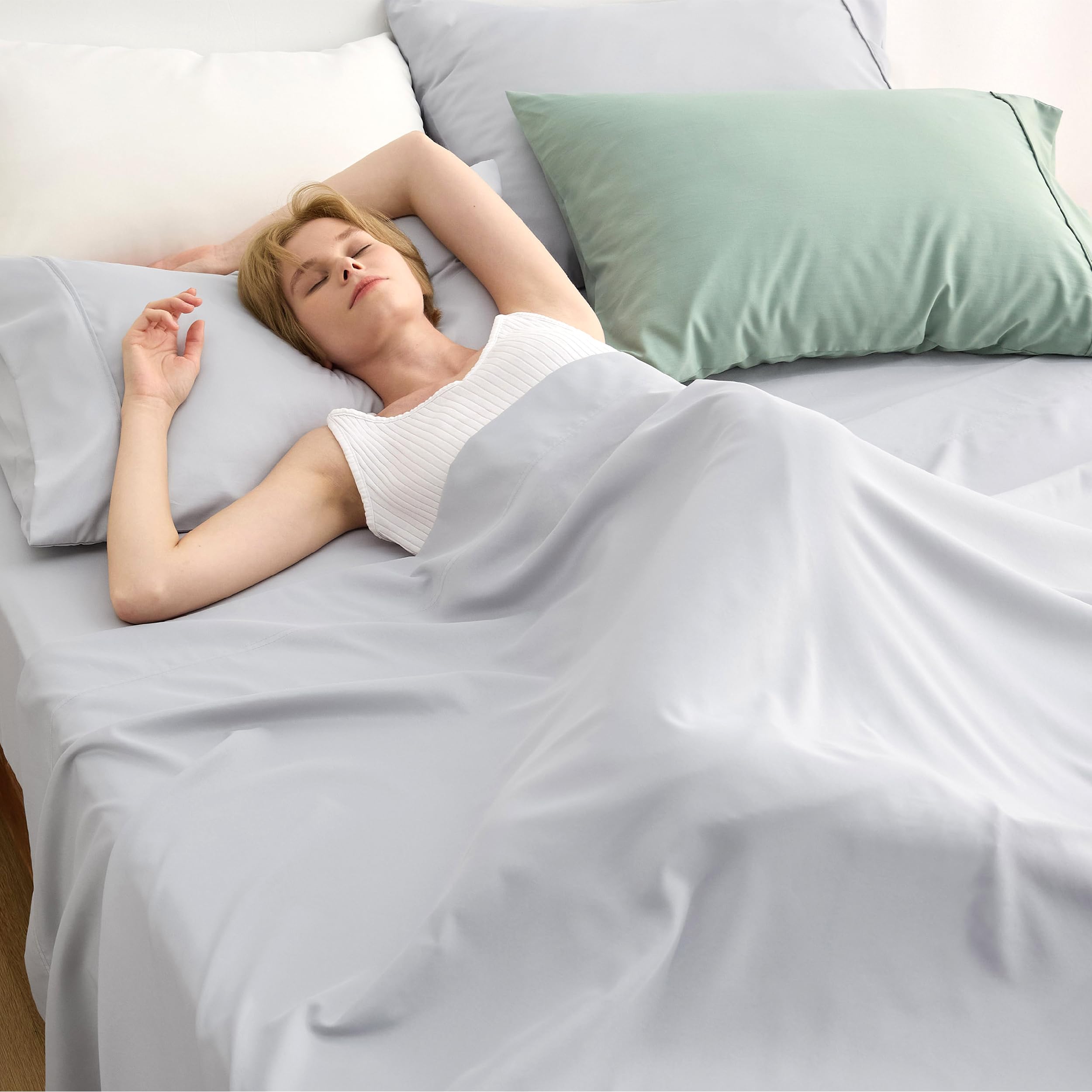 Bedsure Cooling Sheets for Queen Size Bed Set, Polyester & Rayon Derived from Bamboo, Breathable & Wrinkle Free, Silky Soft with 16 Inch Deep Pocket Bed Sheets - Light Grey