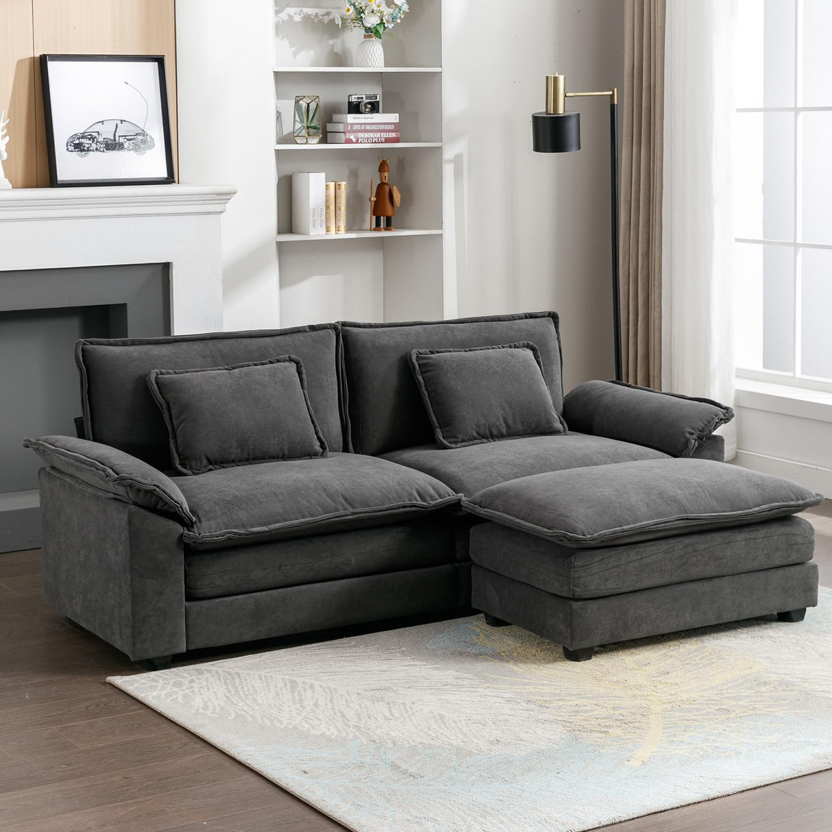 Sectional Sofa Couch, Modern Chenille Sofa Sleeper Deep Seat Couches with Ottoman/Pillows for Living Room