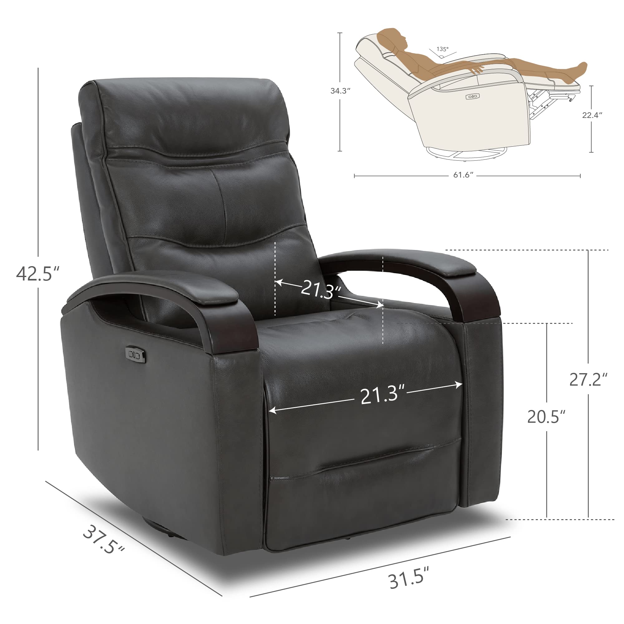 ChitaLux Power Glider Swivel Recliner Chair – Leather, USB & Power Headrest