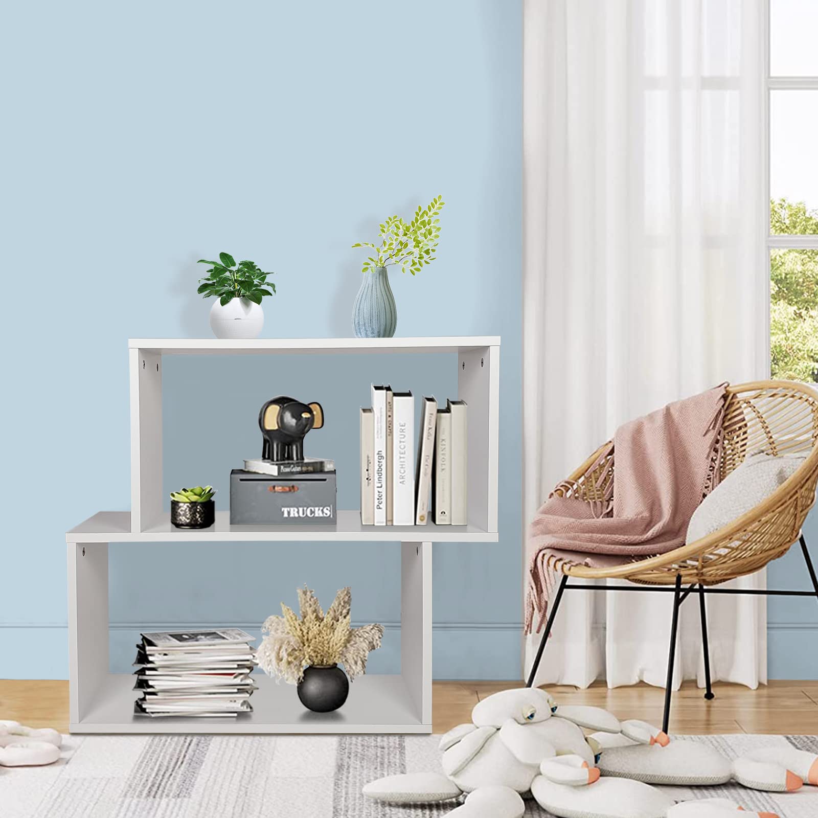 3-Tier Geometric Bookshelf White, 28’’ Tall Wood S-Shaped Display Shelves