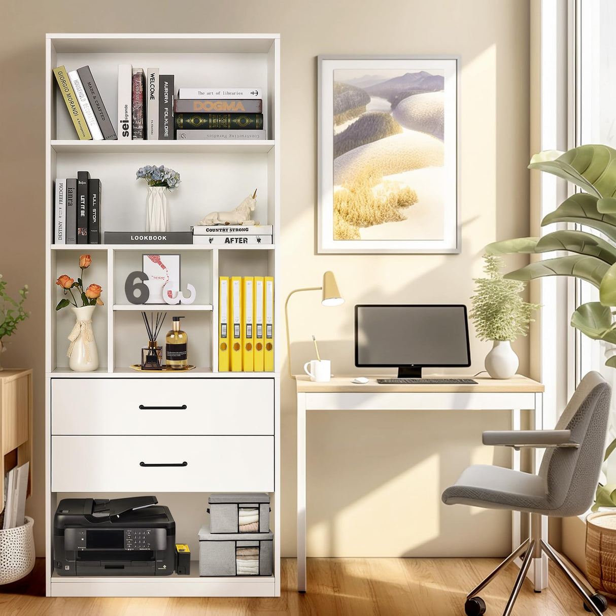 White Bookshelf, 71" Tall Bookcase with 2 Drawers, Wooden Bookcases 4-Tier Open Shelves