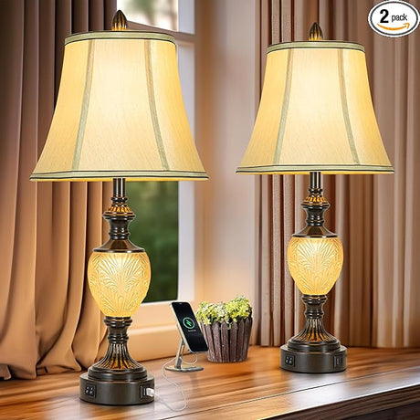 27'' High Vintage Table Lamp Set of 2 for Living Room Farmhouse Bedside Lamp with Fabric Shades Boho Nightstand Lamp with USB and Nightlight for Bedroom Home Office Hotel Bar (Led Bulb Included)