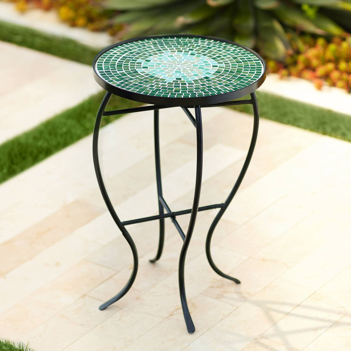 Bella Modern Black Metal Round Outdoor Accent Side Tables 14" Wide Set of 2 Set of 2 Green Mosaic Tile Tabletop Gracefully Curved Legs for Spaces Porch Patio Home House Balcony