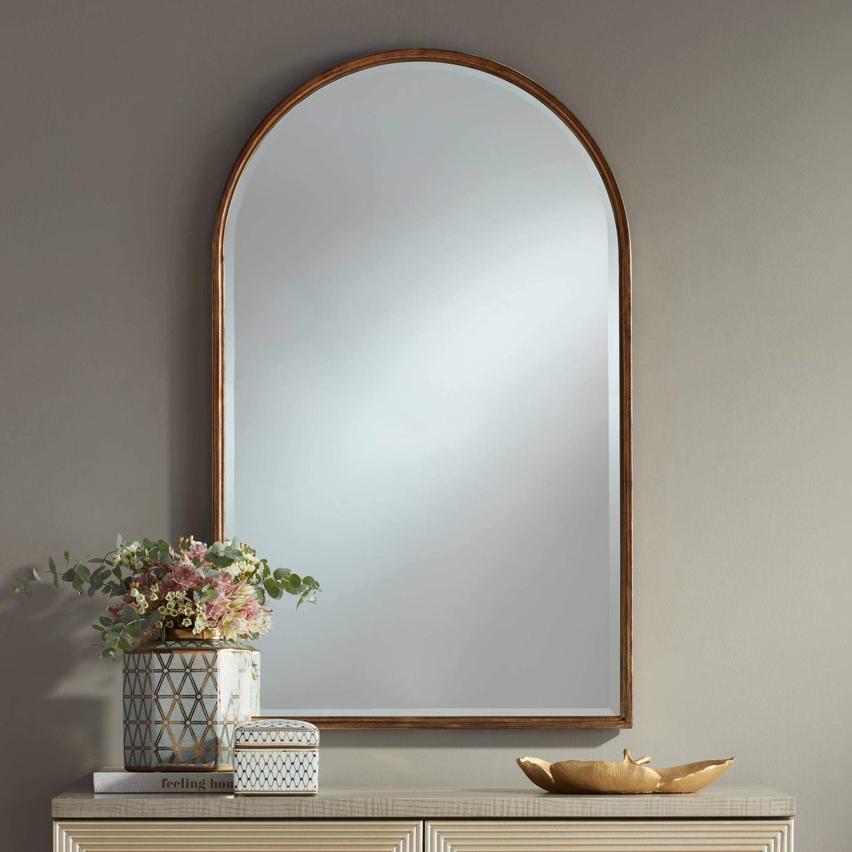 Clara Arched Top Vanity Decorative Wall Mirror Modern Gleaming Gold Metal Frame Rounded