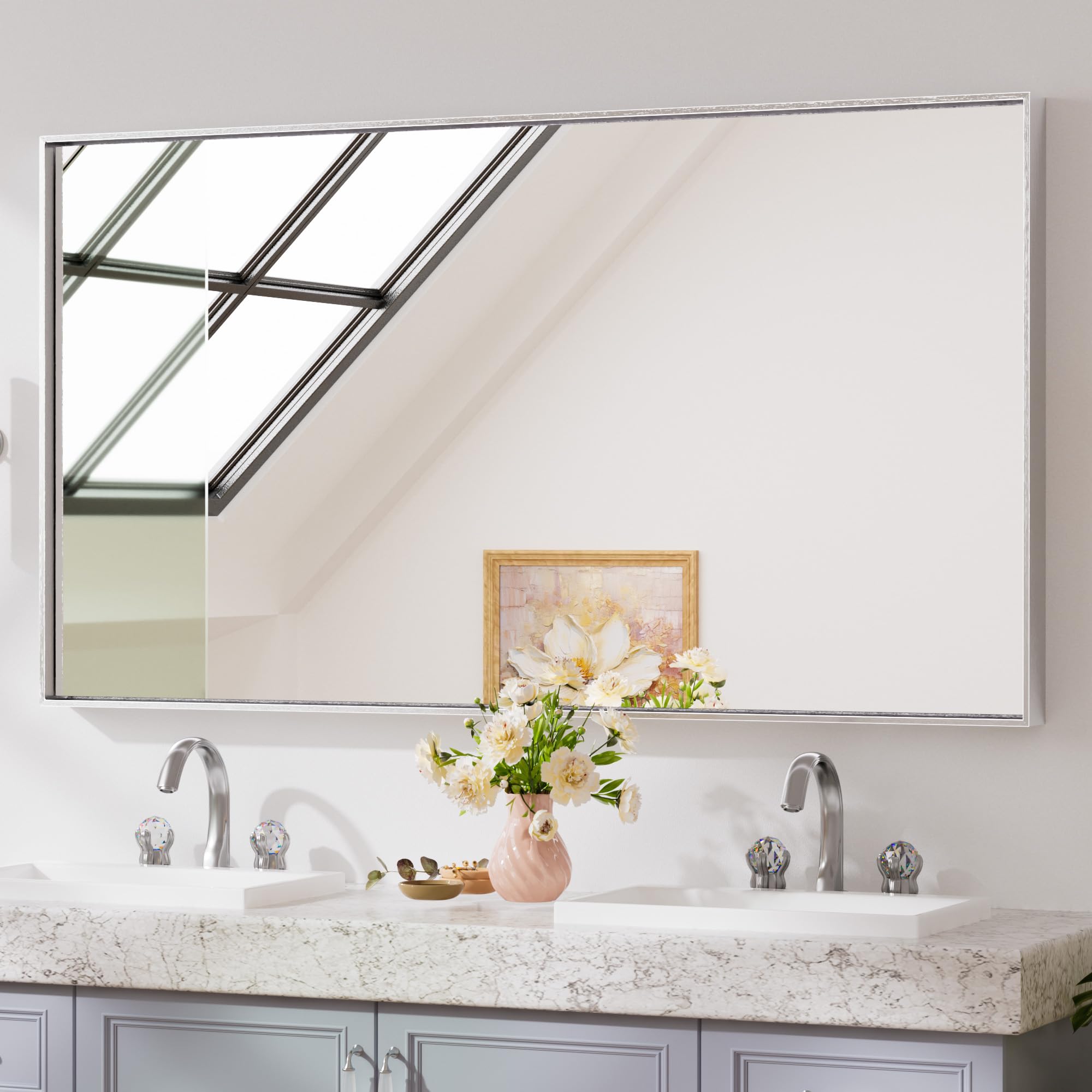 Brushed Silver Mirror for Over Sink 55 x 30 in Large Bathroom Vanity Mirror Metal Framed
