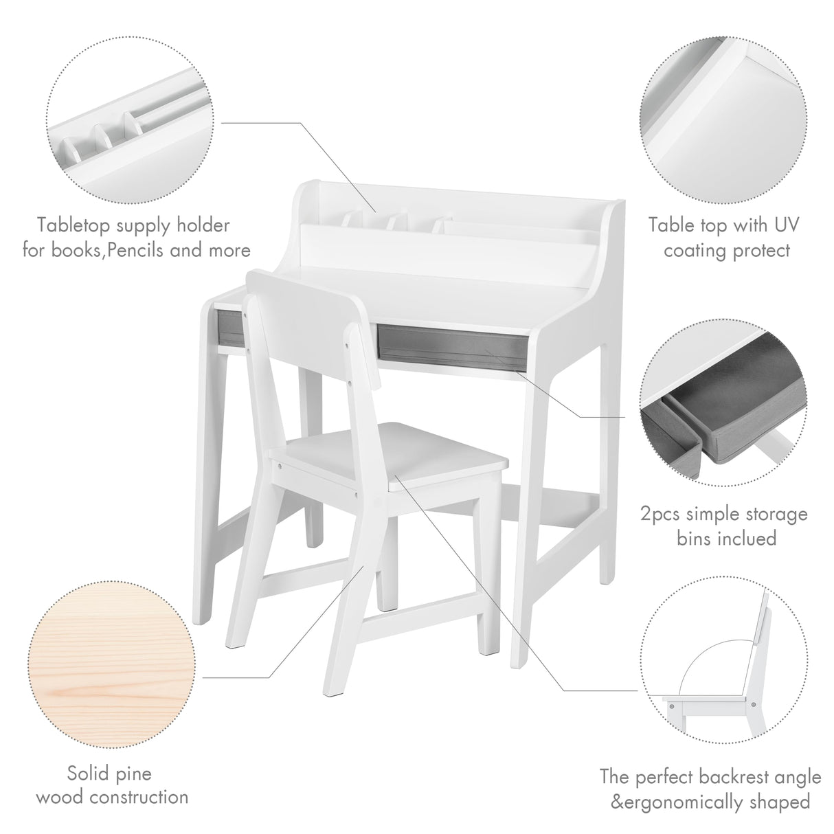 Kids Desk and Chair Set, Study Desk for Kids with Storage Bins