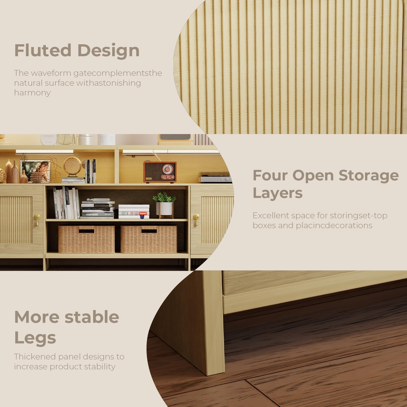 Fluted TV Stand for 70-85 Inch TV with LED Lights & Storage