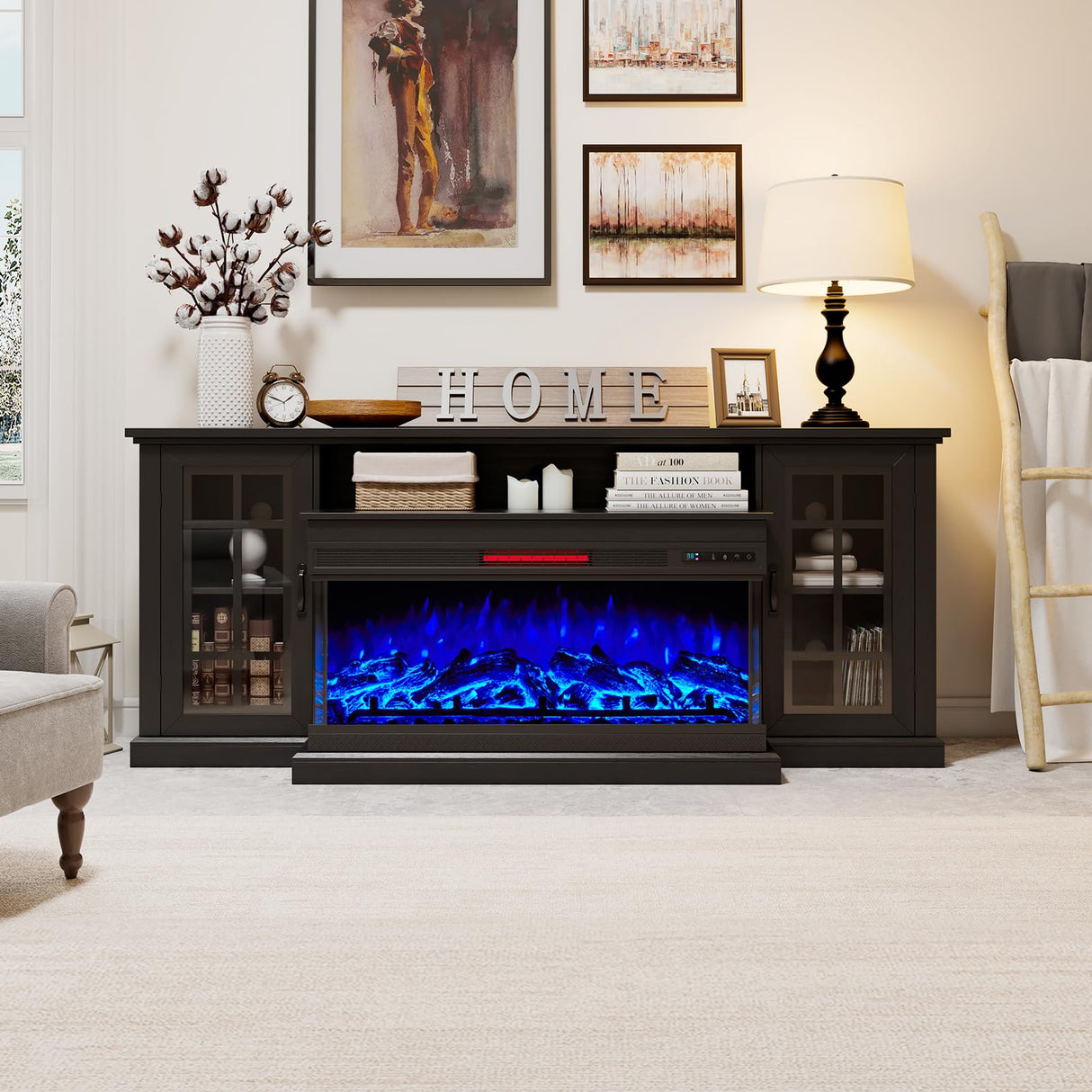 75" Fireplace TV Stand with 3-Sided Glass Electric Fireplace