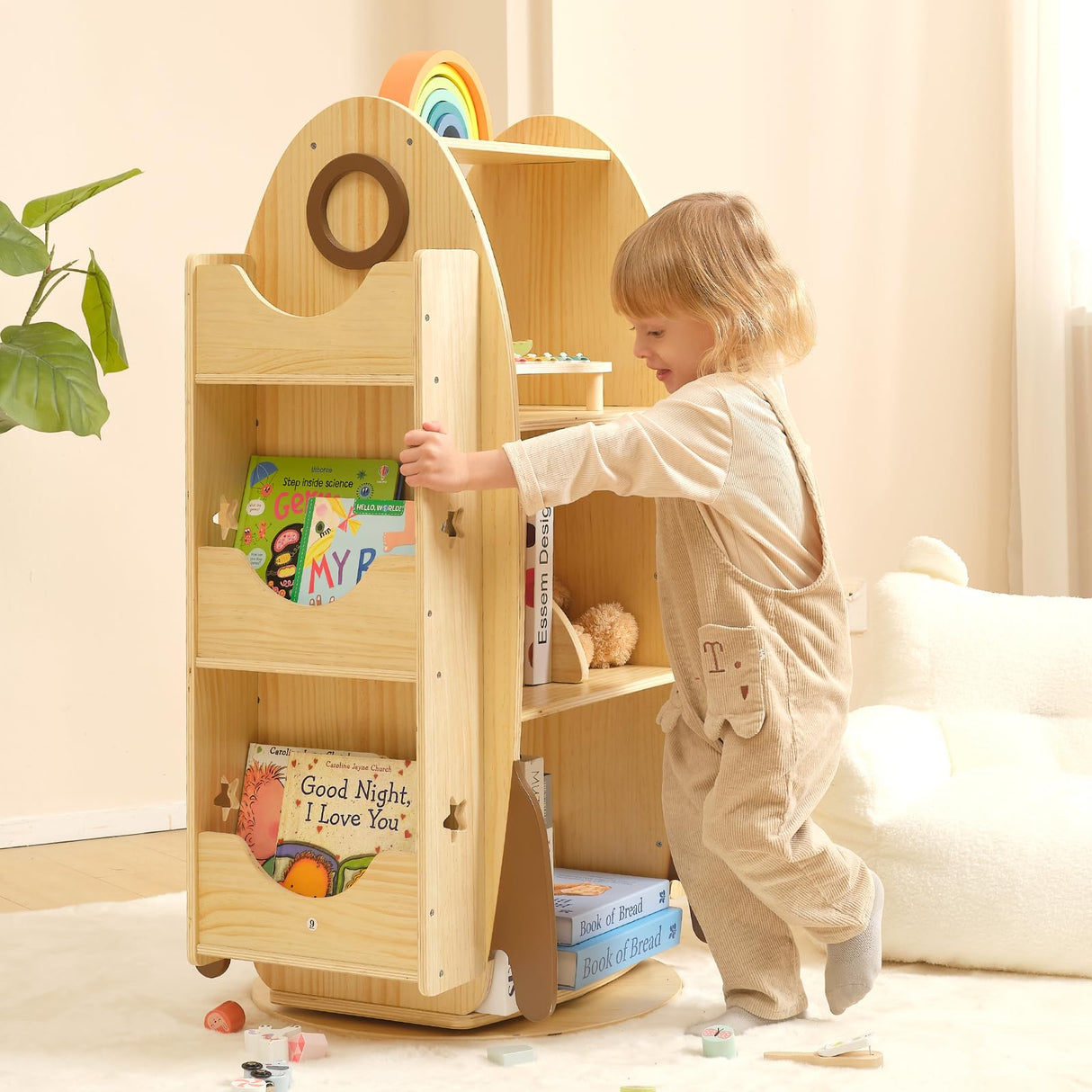 Rotating Bookshelf for Kids, 360° Spinning Bookshelf Tower with Imagination-Boosting and Large Capacity Design, Ideal Montessori Bookshelf for Kids Rooms, Classroom, Living Room