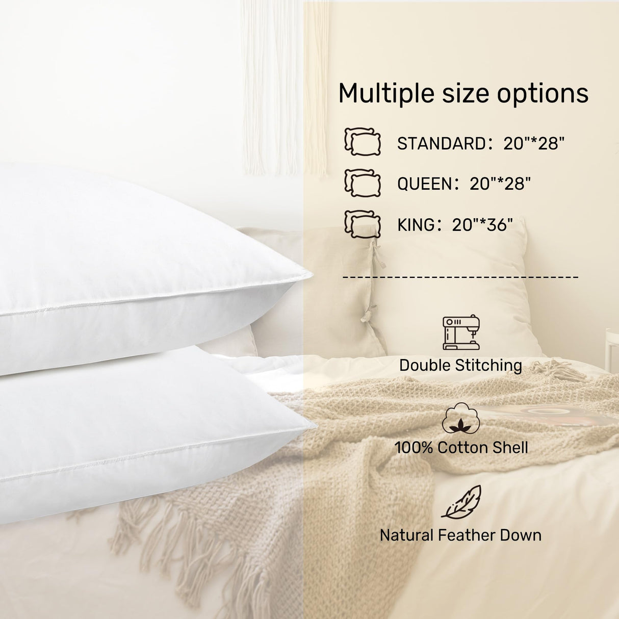 Goose Feather Down Pillows for Sleeping, Hotel Collection Pillow King Size Set of 2