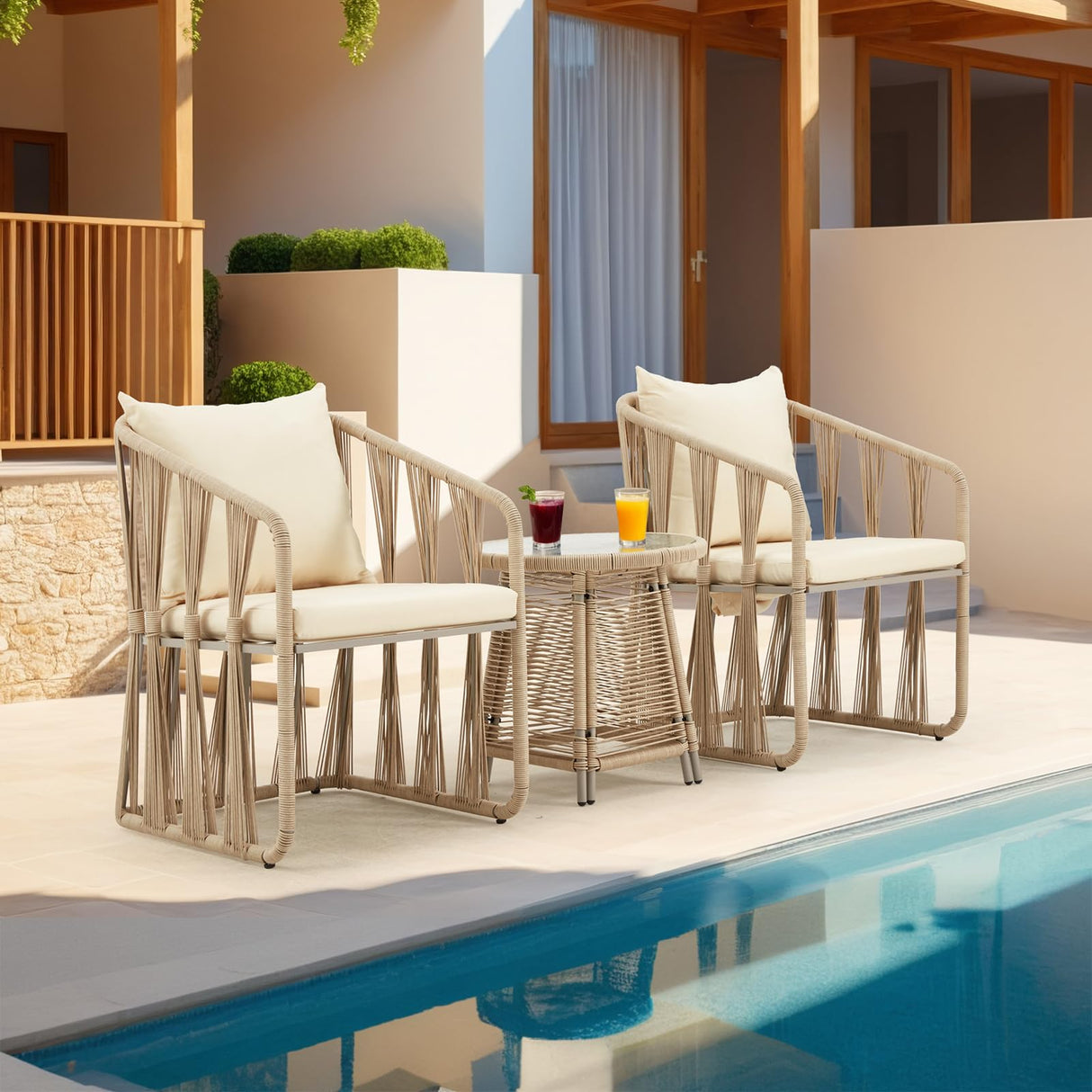 3 Piece Patio Rattan Bistro Set, Outdoor All Weather Wicker Furniture Chairs