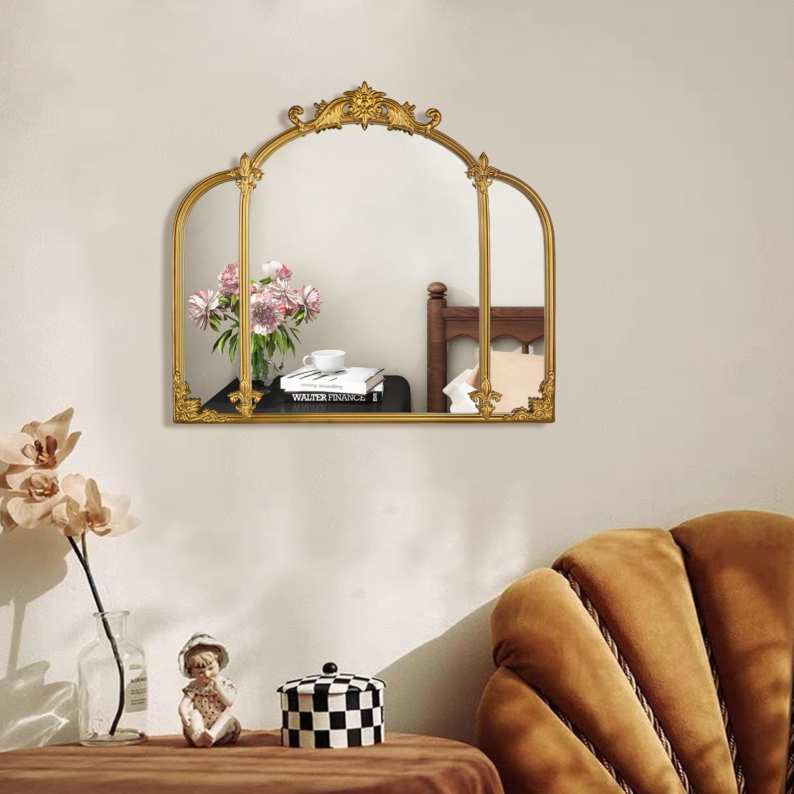 24"x22" Gold Arch Wall Mirror, Vintage Ornate Baroque Mirror with Metal Frame
