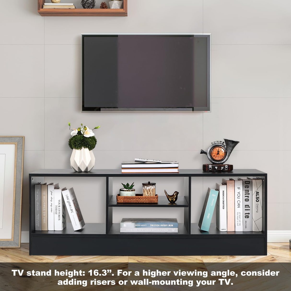 KIOMIMI Modern 47.2’’ TV Stand, Black Entertainment Center with Storage Cabinets, Media Console for Living Room, Bedroom, Office