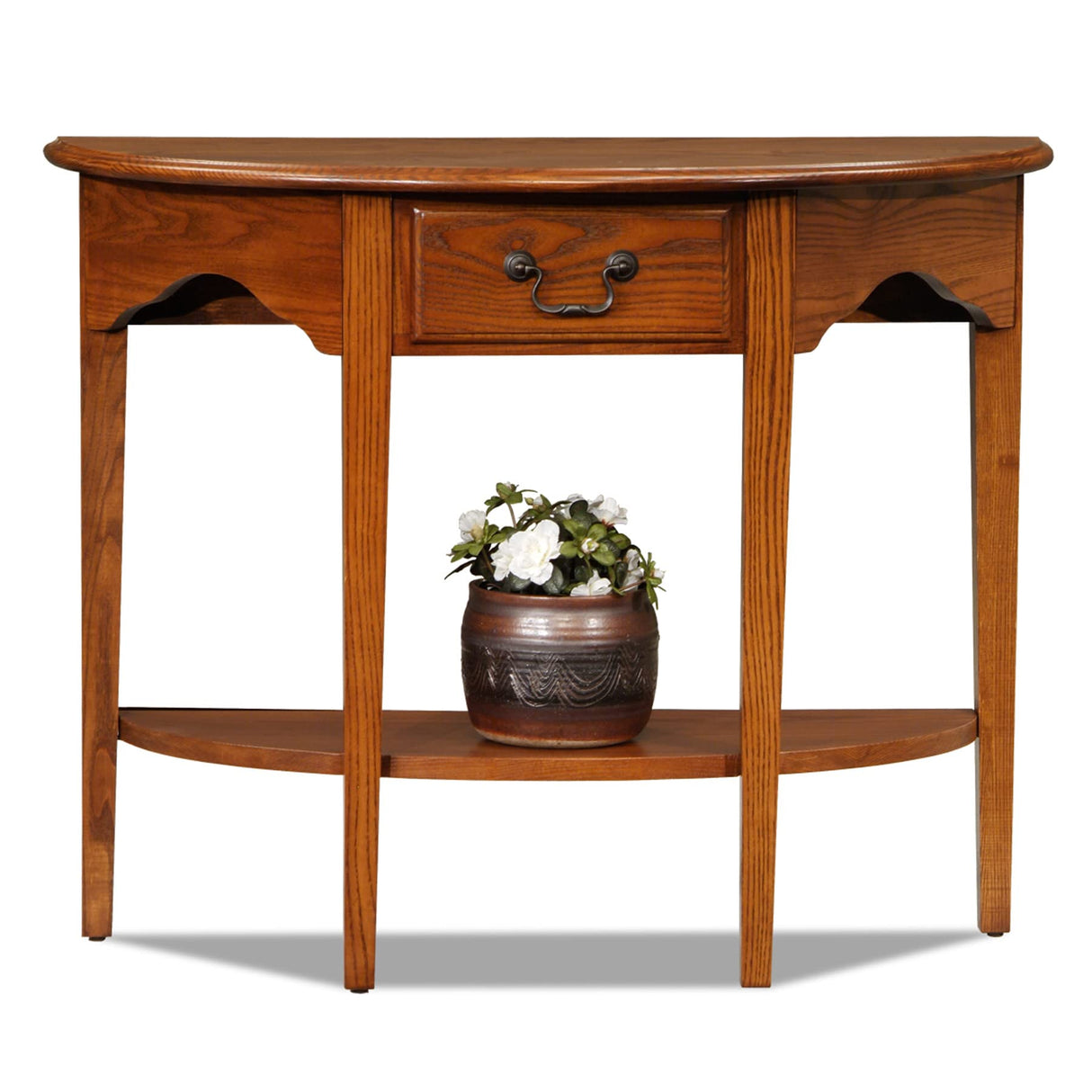 One Drawer Demilune Hall Console with Shelf, Medium Oak, 34.8" W