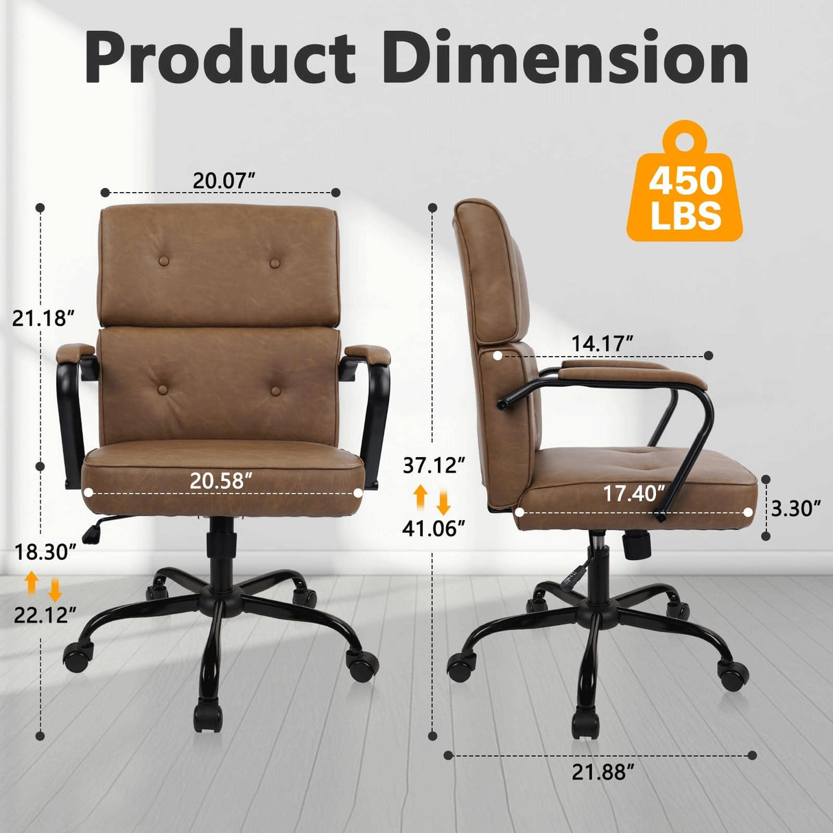 Heavy Duty Leather Office Chair - Mid Century Modern Desk Chair with Lumbar Support, 450LBS